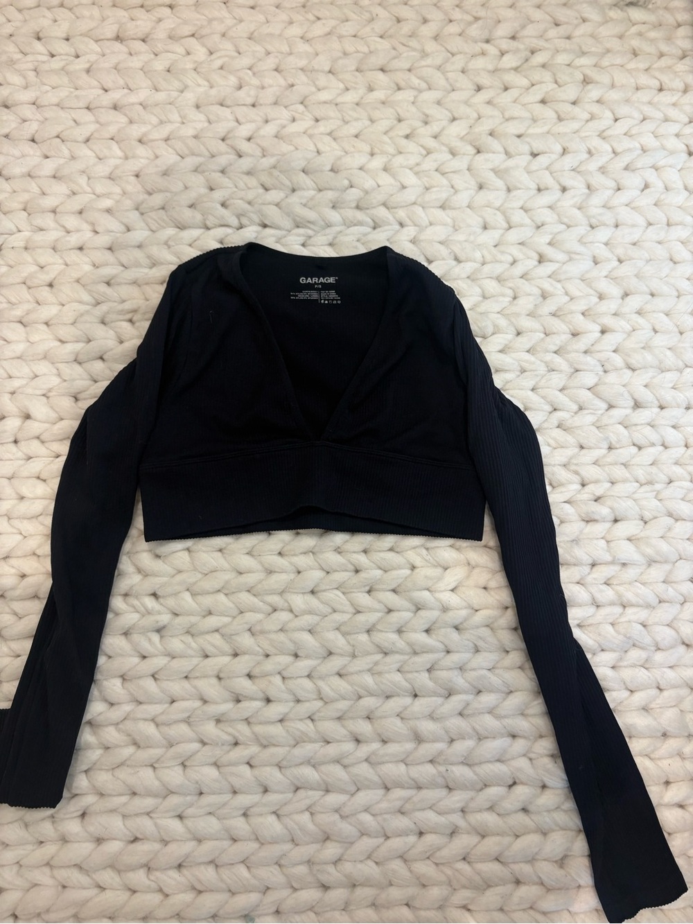Garage Black Ribbed V-Neck Cropped Long Sleeve Top